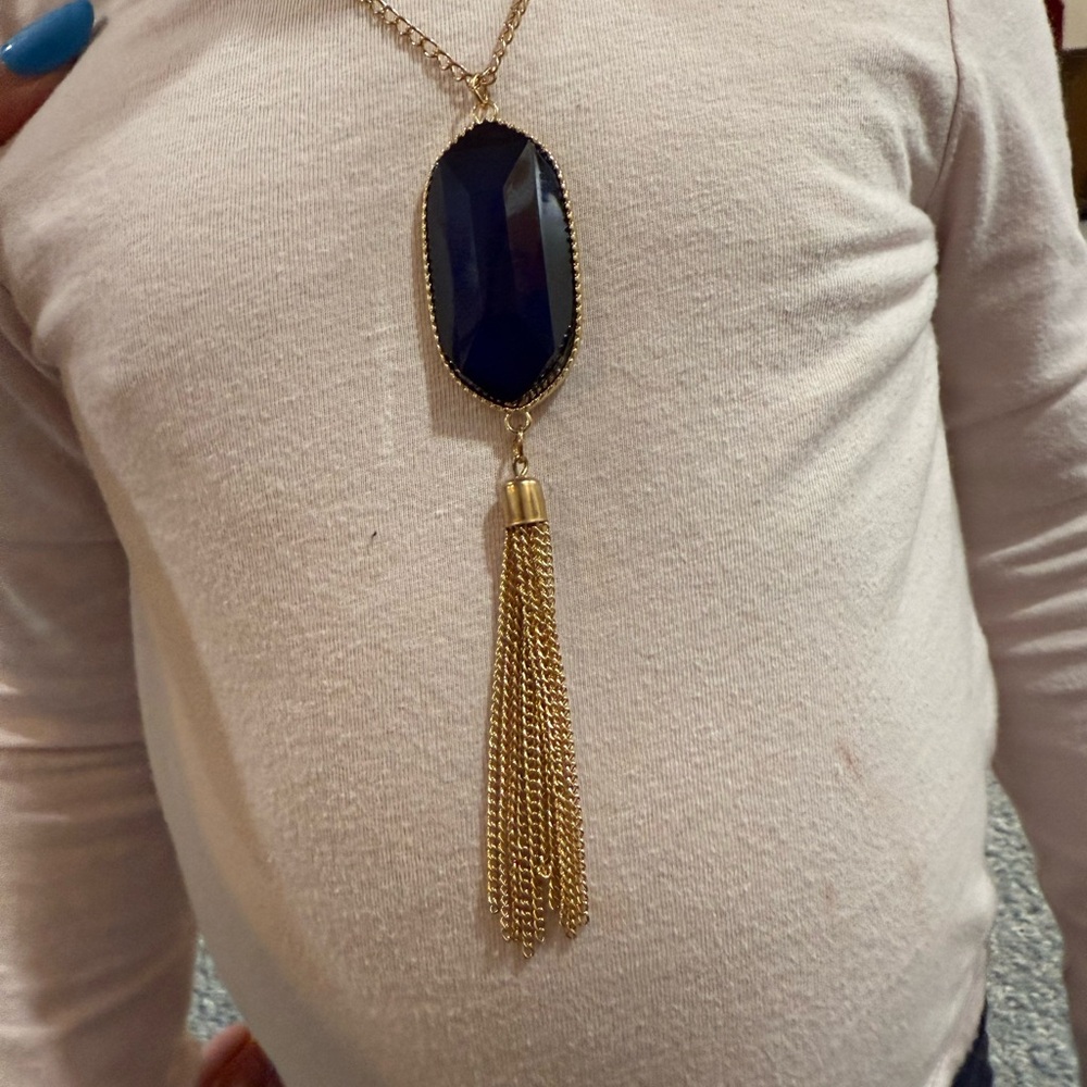 Bright Blue/Gold Necklace 30in Long + Pendant  and Tassel - Picture 4 of 8